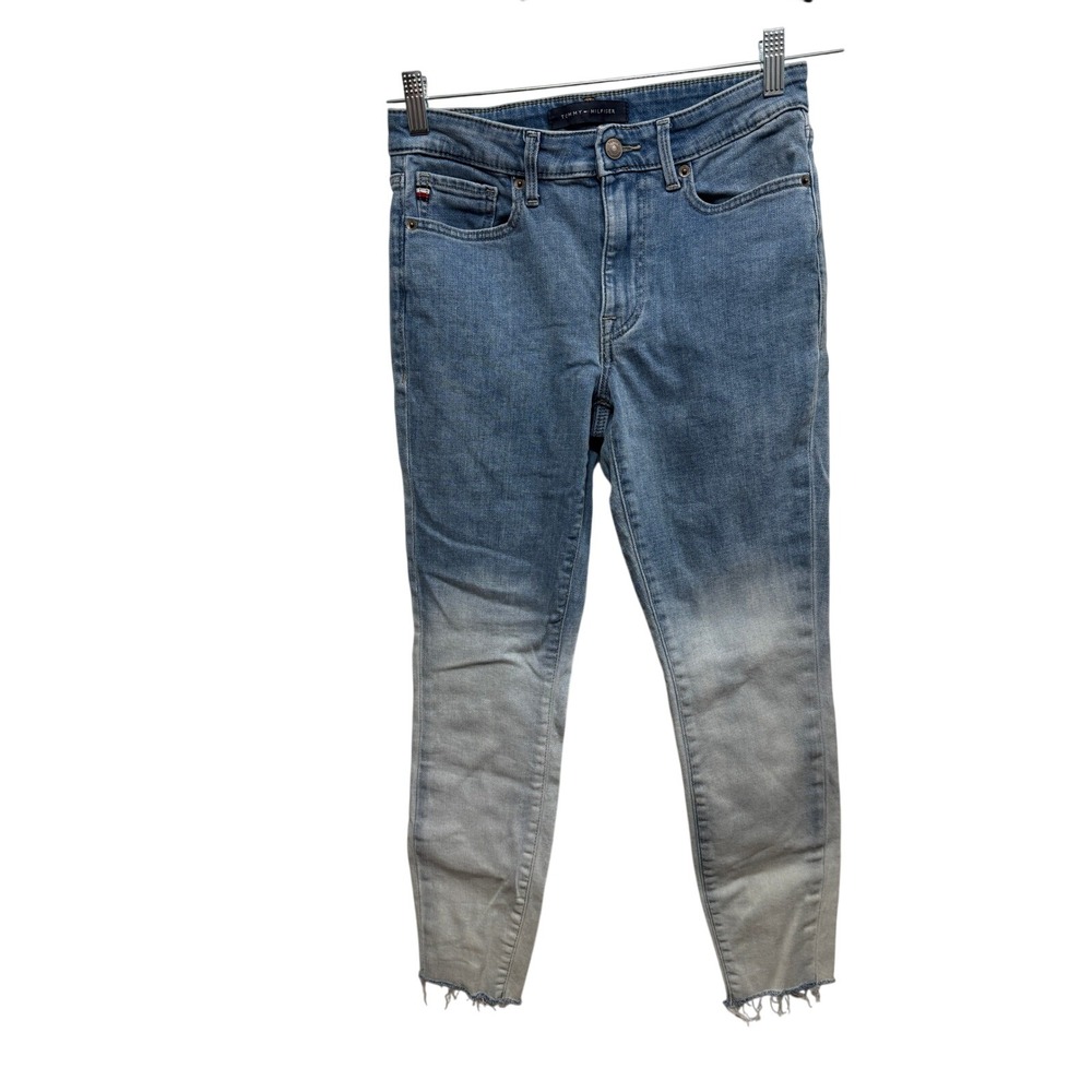 Tommy Hilfiger Tribeca Skinny Jeans Womens 4 Blue Ombre Dip Dye Frayed Hem Denim